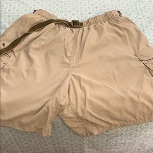 Mesh-lined tan Columbia aquatic shorts.